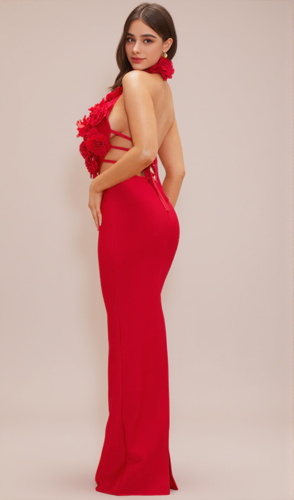 AIIZIE HALTER 3D FLOWER HOLLOW OUT BACKLESS MAXI DRESS IN RED - product image