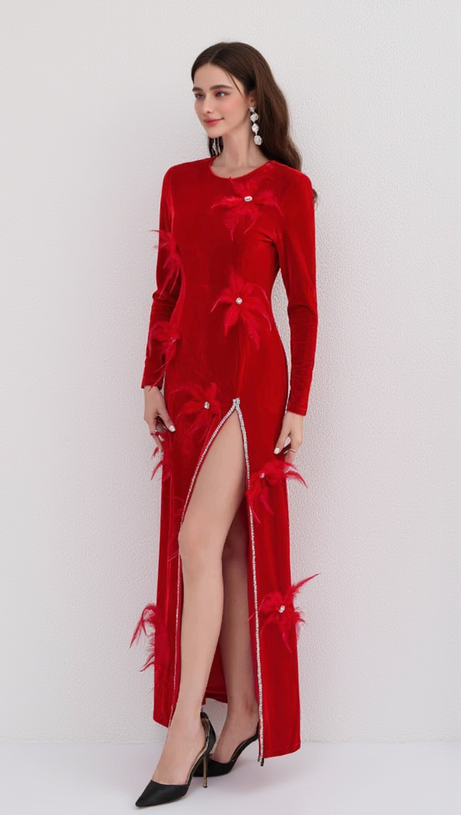3D FEATHER FLOWER VELVET MAXI DRESS IN RED