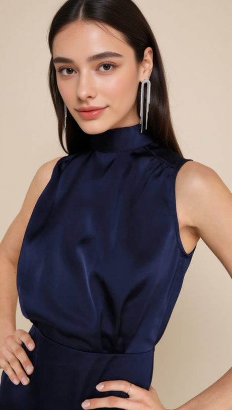 NAVY SATIN SLEEVELESS MOCK NECK MINI DRESS
