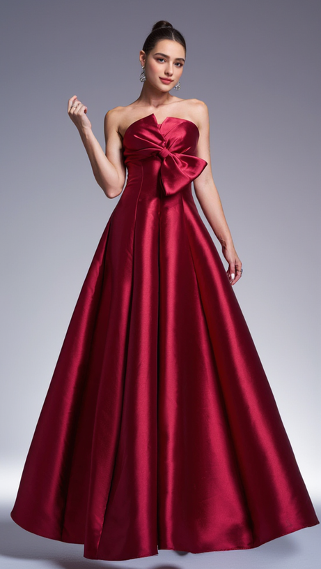 BOW SATIN MAXI DRESS IN BURGUNDY