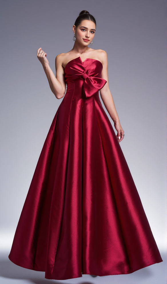 AIIZIE BOW SATIN MAXI DRESS IN BURGUNDY - product image