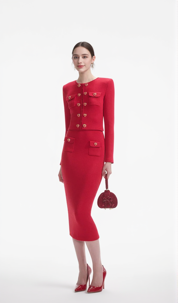 RED KNIT HEART BUTTONED CARDIGAN