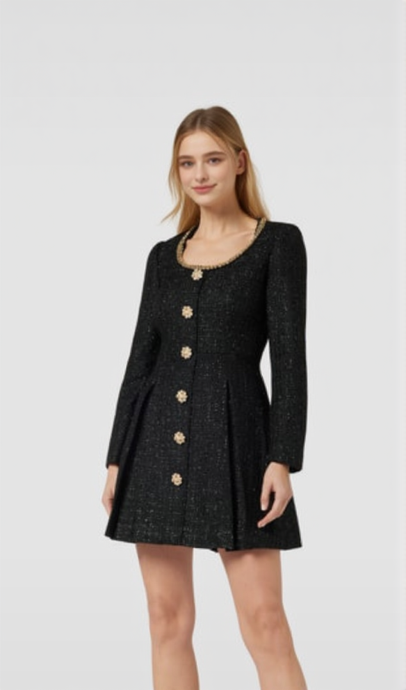 BLACK BOUCLE TAILORED MINI DRESS