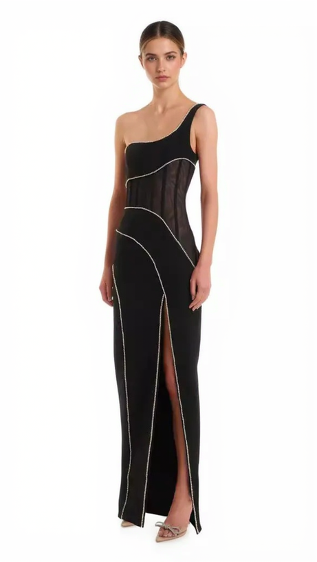 TRACY CRYSTAL STRIPE EMBELLISHED ONE-SHOULDER BLACK MAXI DRESS