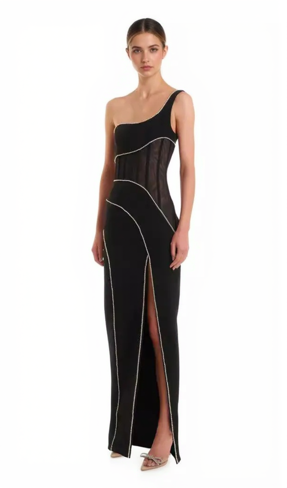 TRACY CRYSTAL STRIPE EMBELLISHED ONE-SHOULDER BLACK MAXI DRESS