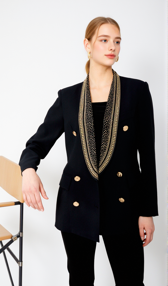 AIIZIE GAIL BEADED COLLAR LACE-UP DOUBLE BREASTED DRESSY BLAZER - product image