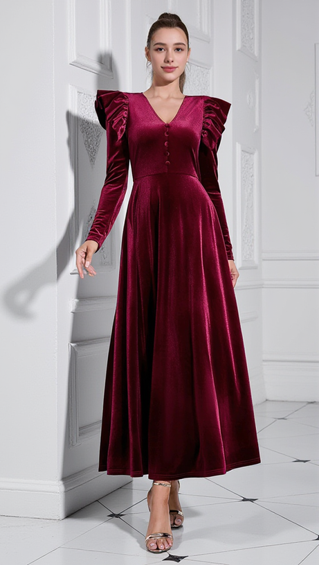IRMA BURGUNDY V-NECK RUFFLE TRIM EMBELLISHED VELVET MAXI DRESS