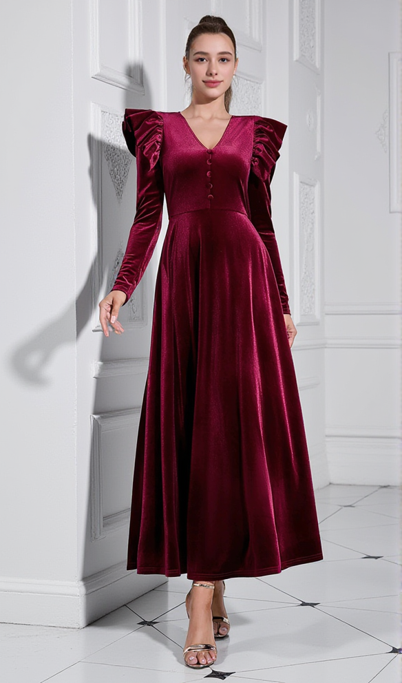 AIIZIE IRMA BURGUNDY V-NECK RUFFLE TRIM EMBELLISHED VELVET MAXI DRESS - product image