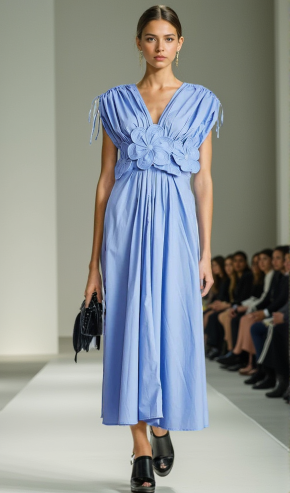 PATCHWORK APPLIQUES MIDI DRESS IN BLUE