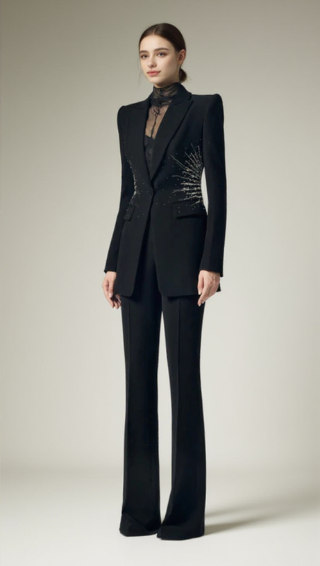 BLACK BEADED DIAMOND-ENCRUSTED BLAZER TROUSERS SET