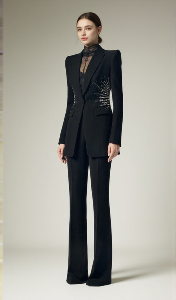 AIIZIE BLACK BEADED DIAMOND-ENCRUSTED BLAZER TROUSERS SET - product image