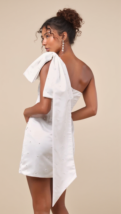 PEARL BOW ONE-SHOULDER MINI DRESS