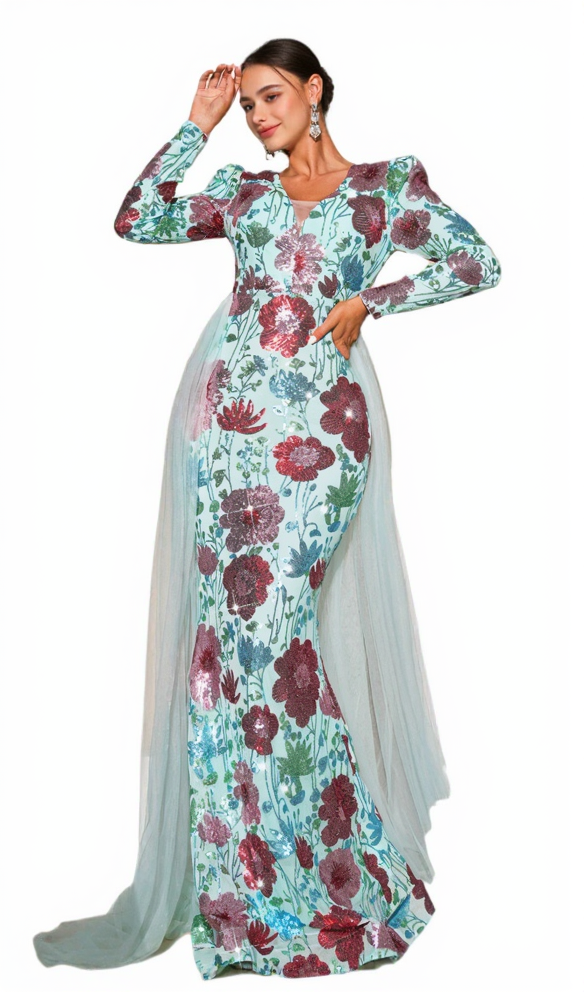 LONG SLEEVE FLORAL PRINT SEQUIN MAXI DRESS IN GREEN