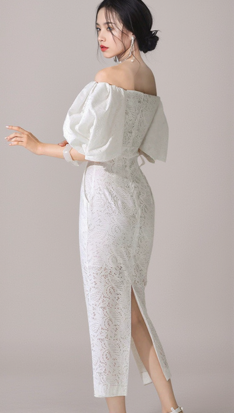 NATALIE PUFF SLEEVE OFF SHOULDER WHITE LACE MIDI DRESS