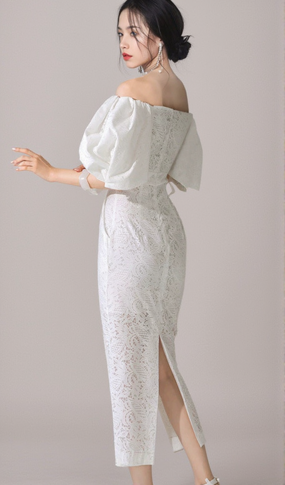 NATALIE PUFF SLEEVE OFF SHOULDER WHITE LACE MIDI DRESS