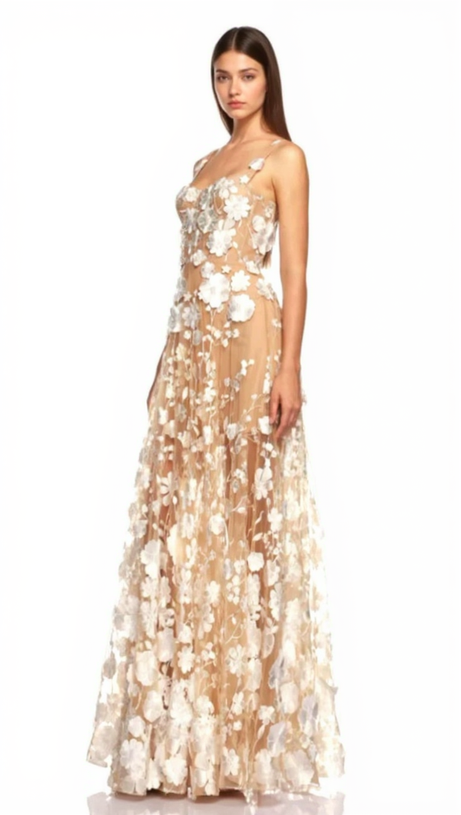 APPHIA FLORAL EMBROIDERED SLEEVELESS TULLE MAXI DRESS