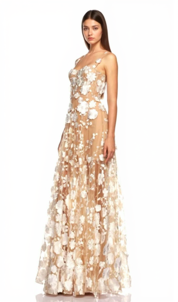 AIIZIE APPHIA FLORAL EMBROIDERED SLEEVELESS TULLE MAXI DRESS - product image