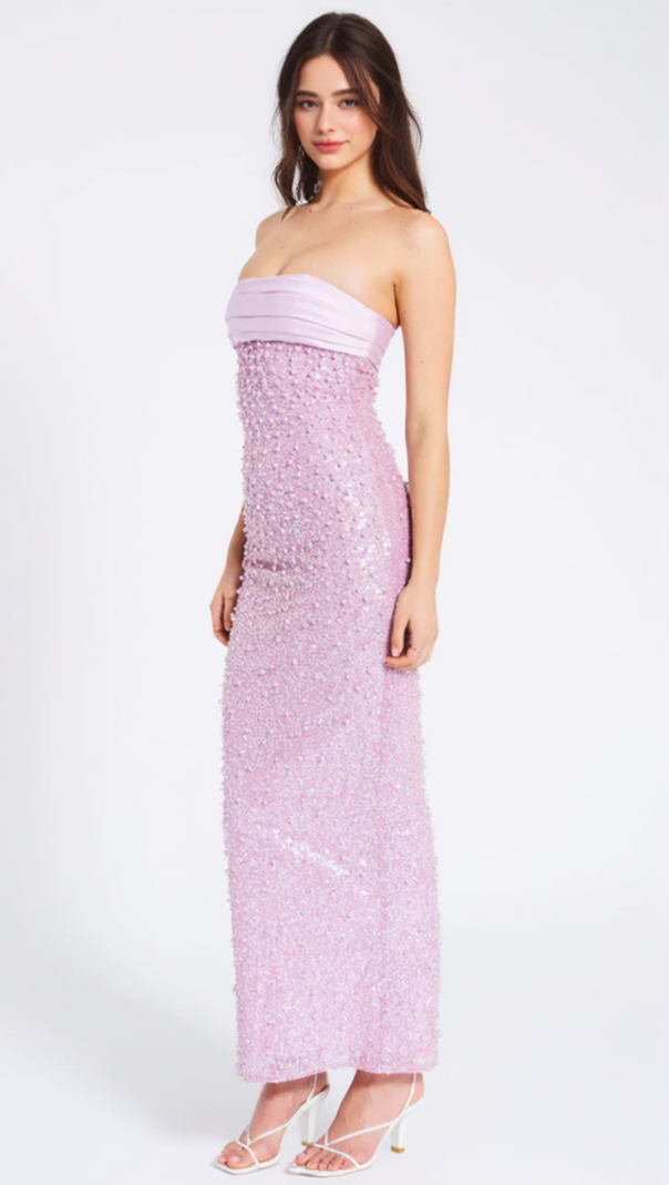 AIIZIE PINK SATIN SEQUIN PEARLS BEADED MAXI DRESS - product image