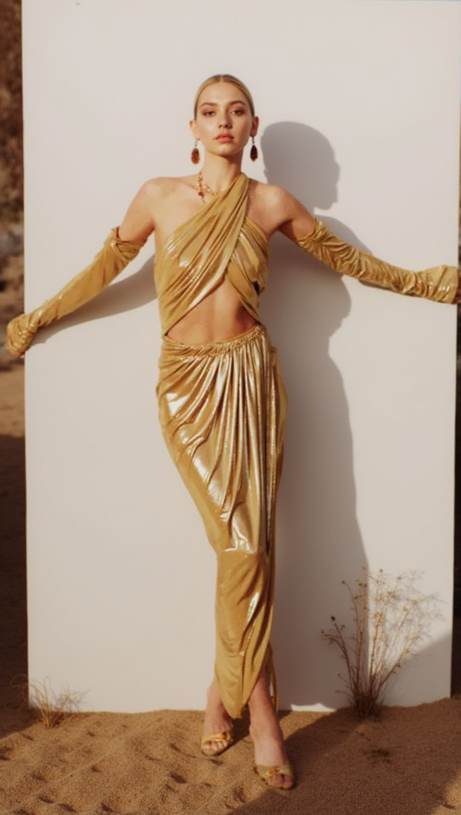 ANILA YELLOW RUCHED LEATHER MIDI DRESS