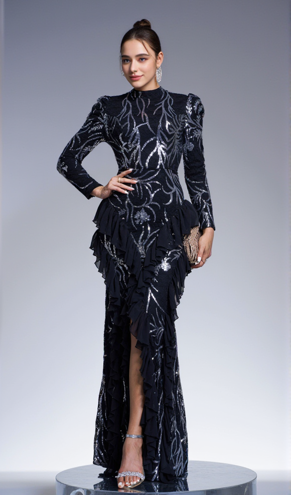 AIIZIE RUFFLE TRIM SEQUIN PRINT MAXI DRESS IN BLACK - product image