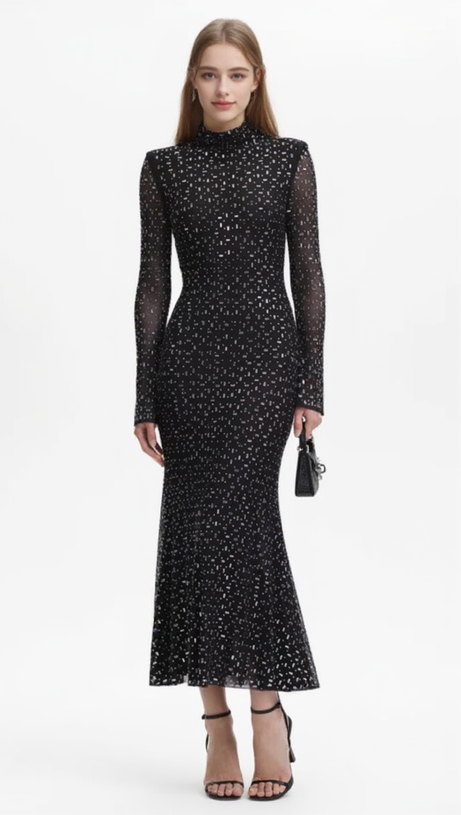 CRYSTAL EMBELLISHED MESH MIDI DRESS IN BLACK