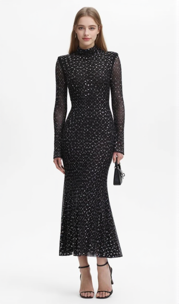 CRYSTAL EMBELLISHED MESH MIDI DRESS IN BLACK