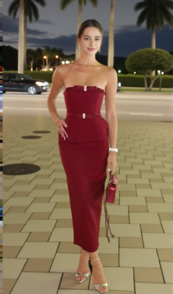 AIIZIE DEMI BOW STRAPLESS MIDI DRESS IN MERLOT - product image