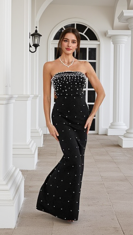 PEARL-EMBELLISHED STRAPLESS GOWN IN BLACK