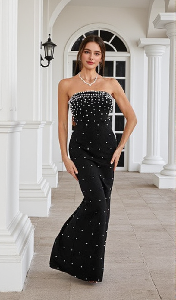 AIIZIE PEARL-EMBELLISHED STRAPLESS GOWN IN BLACK - product image