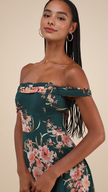 EMERALD GREEN FLORAL OFF-THE-SHOULDER MAXI DRESS