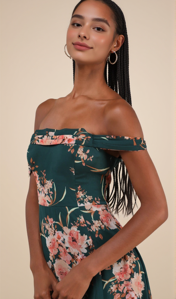 AIIZIE EMERALD GREEN FLORAL OFF-THE-SHOULDER MAXI DRESS - product image