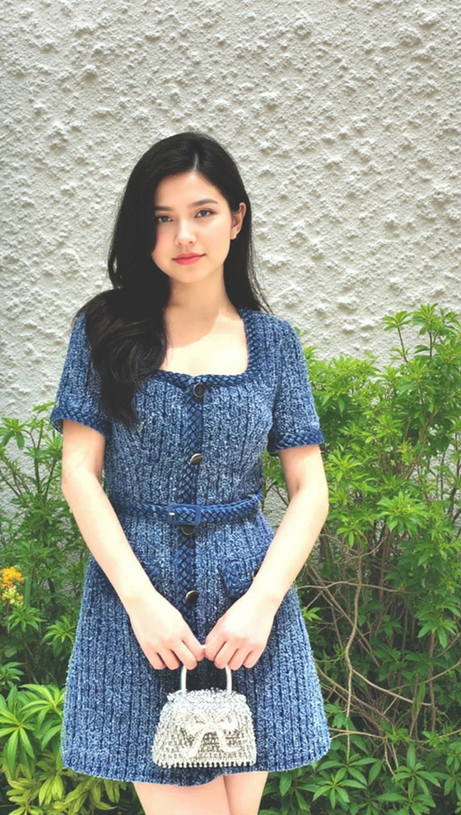 PATRICIA BRAIDED TRIM TEXTURED DRESS IN BLUE