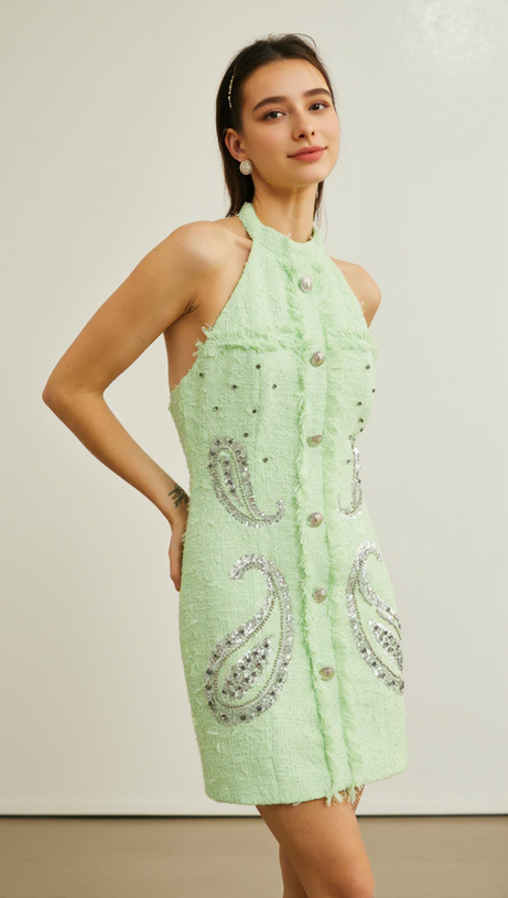 GEMMA PAISLEY-EMBELLISHED TWEED MINI DRESS IN GREEN