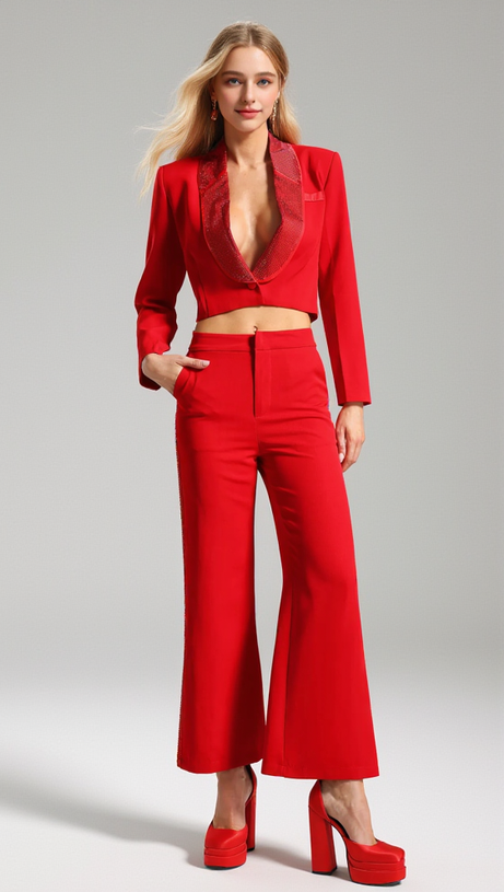 CRYSTAL-EMBELLISHED RED CROPPED BLAZER SET