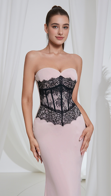 STRAPLESS BLACK LACE CORSET MAXI DRESS IN PINK