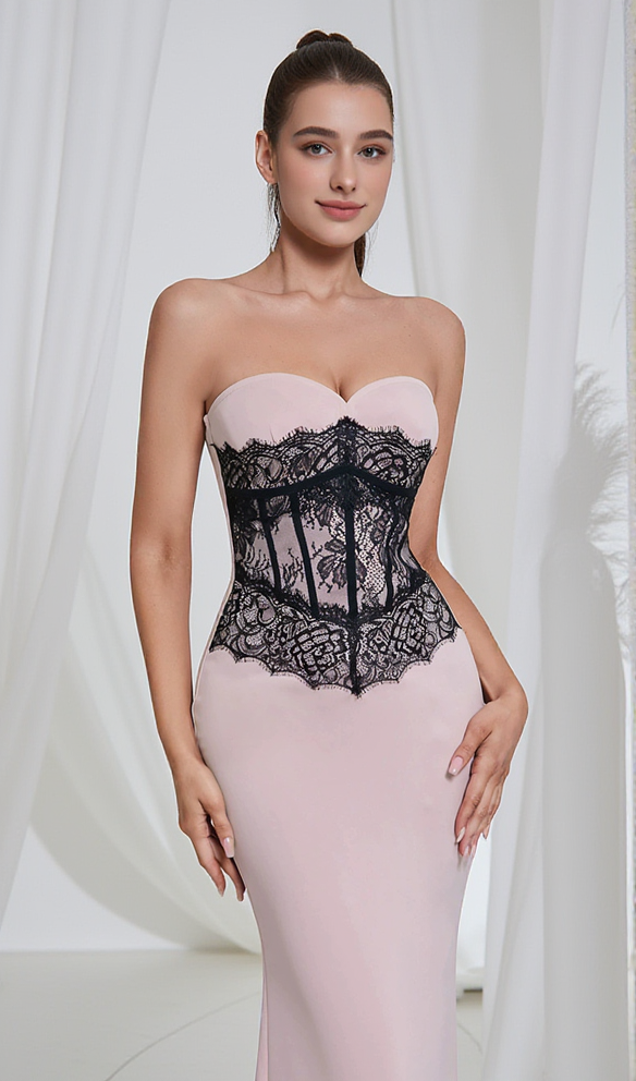 STRAPLESS BLACK LACE CORSET MAXI DRESS IN PINK