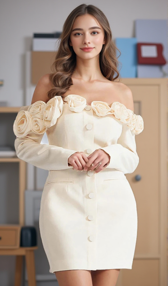 ERICA 3D FLORAL OFF-SHOULDER MINI DRESS IN WHITE