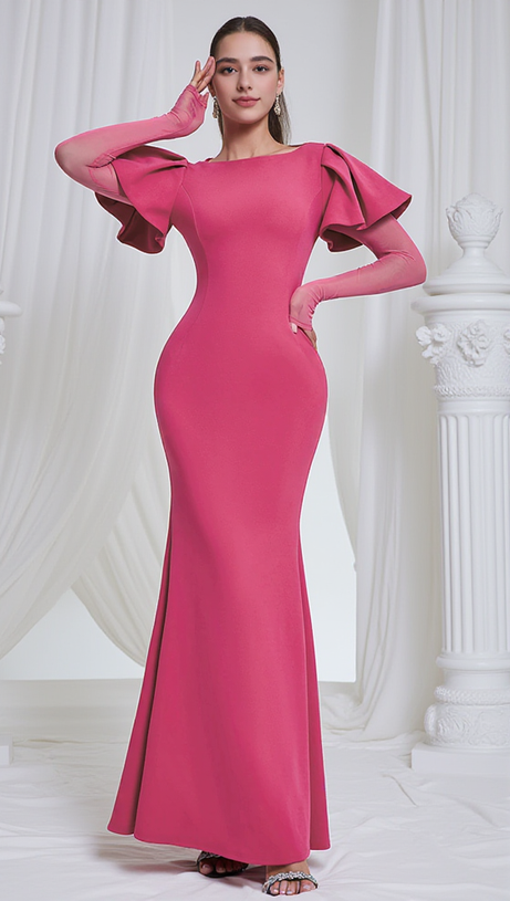 HILDA RUFFLE TRIM SLEEVE BODYCON MAXI DRESS IN ROSE RED