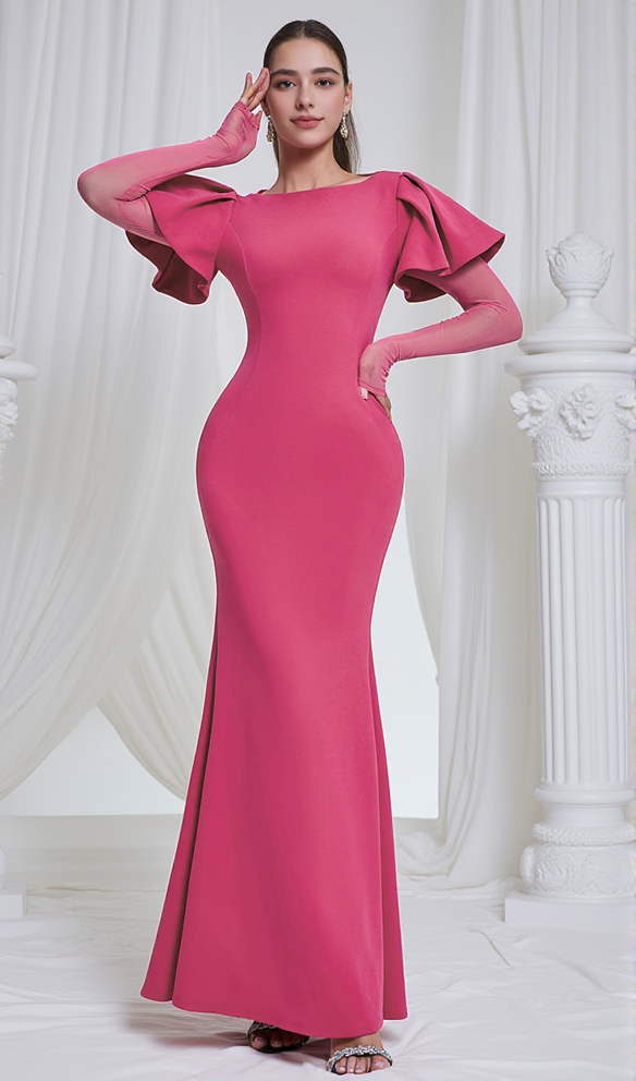 AIIZIE HILDA RUFFLE TRIM SLEEVE BODYCON MAXI DRESS IN ROSE RED - product image