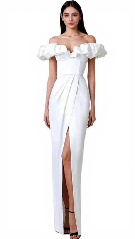 GLADYS WHITE CRYSTAL OFF-SHOULDER MAXI SPLIT DRESS