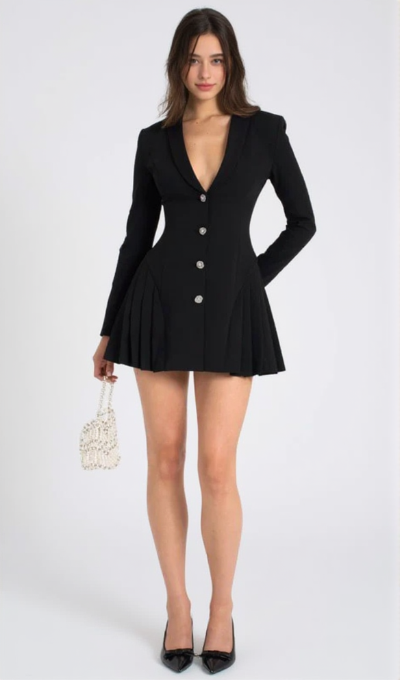 Beulah – Plissee-Blazer-Minikleid in Schwarz