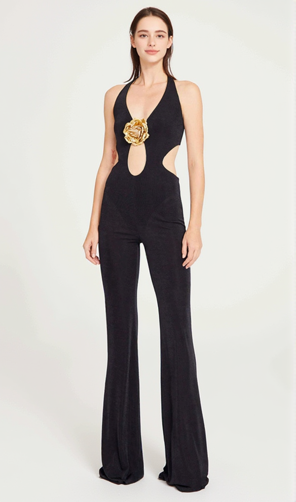 AIIZIE CHRISTINE BLACK JUMPSUIT WITH GOLD FLOWER DETAILS - product image