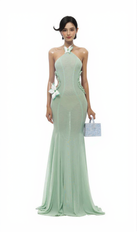 Abito lungo in tulle con scollo all'americana e scollo a farfalla, verde