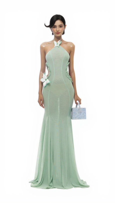 BUTTERFLY SLIP HALTERNECK TULLE MAXI DRESS IN GREEN