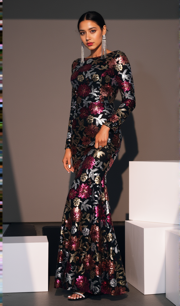 AIIZIE AALIYAH CREW NECK FLORAL SEQUIN DRESS IN BLACK - product image