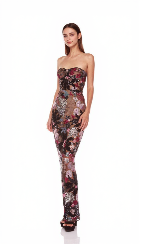 DAISY DAHLIA EMBROIDERED STRAPLESS MAXI DRESS