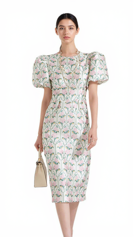 ABITO MIDI CON MANICHE A SBUFFO E STAMPA FLOREALE