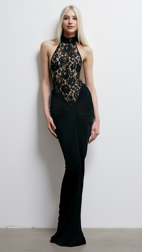 CAROL BLACK HALTER MAXI DRESS WITH LACE BODICE