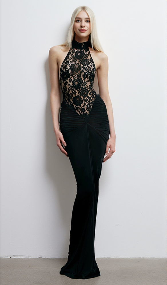 CAROL BLACK HALTER MAXI DRESS WITH LACE BODICE