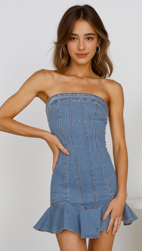 RUFFLE TRIM DENIM MINI DRESS IN BLUE